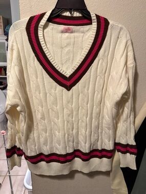 Pink Lily Cream Cable V-Neck Sweater with Pink & Brown Trim